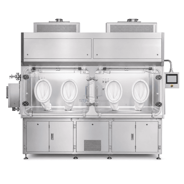 Aseptic isolator full front view showing two chambers, four glove ports and HEPA plenums