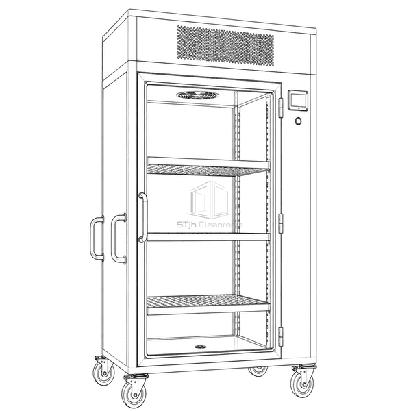 Complete aseptic material transfer cart in horizontal three-quarter orientation