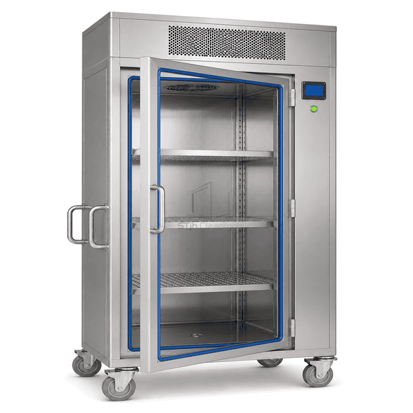 Aseptic material transfer cart with opened glass door showing gasket and perforated shelves