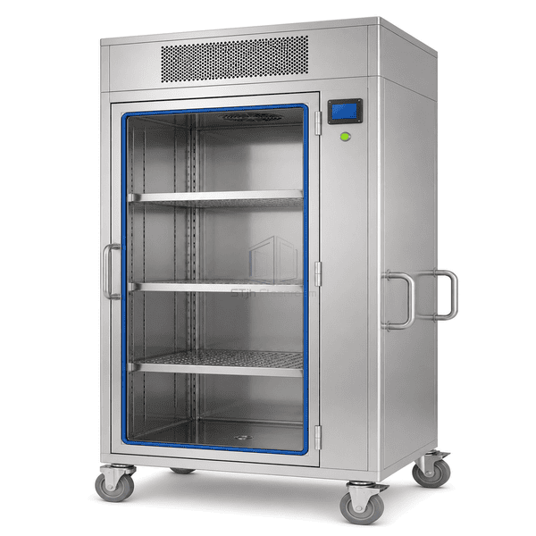 Aseptic material transfer cart side view showing cabinet depth, handles and four casters