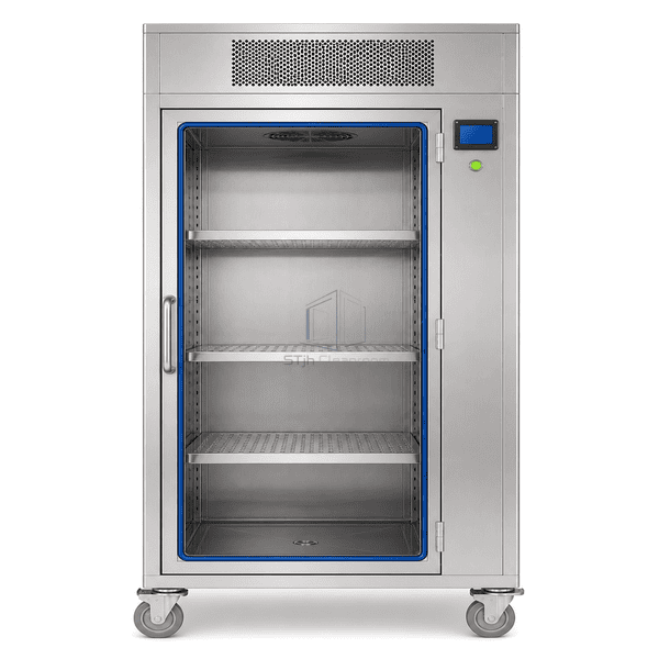 Aseptic material transfer cart upright front view showing blue gasket and filtered cabinet