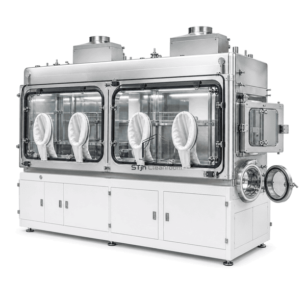 Close view of a sealed glove ring and gasketed rapid transfer interface