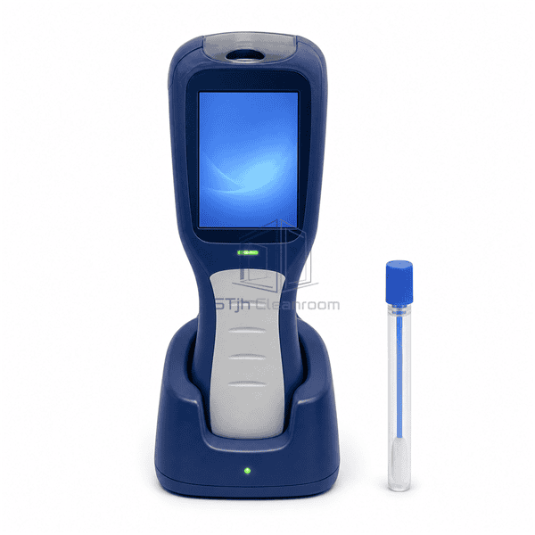 Front view of ATP luminometer in blue charging dock beside capped test swab