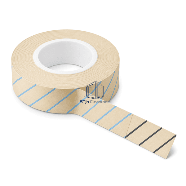 Complete autoclave indicator tape roll beside one steam-darkened comparison strip