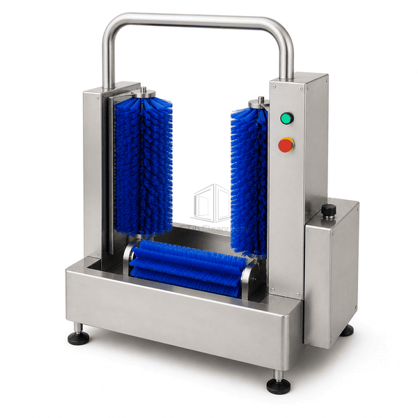 Automatic boot washer side view showing stainless basin and dosing enclosure