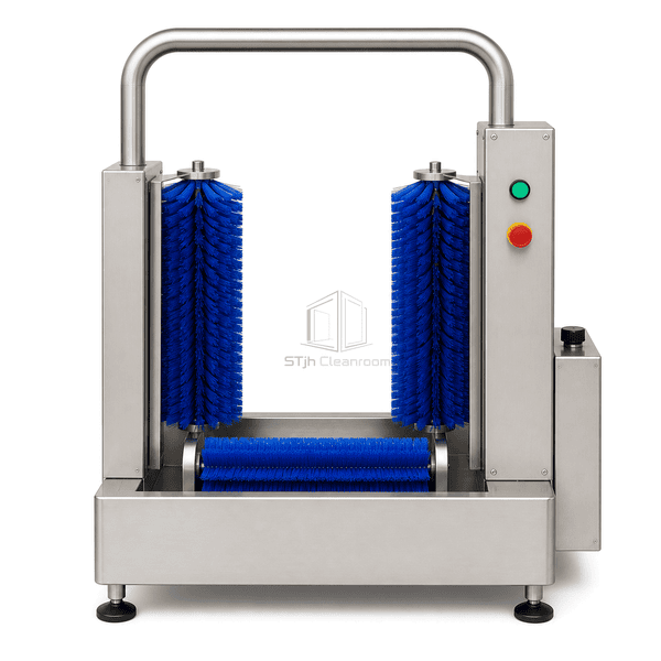 Automatic boot washer front view showing two shaft brushes and one sole brush