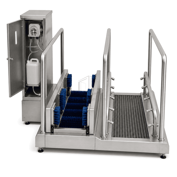 Side view of boot hygiene station showing brush and liquid modules