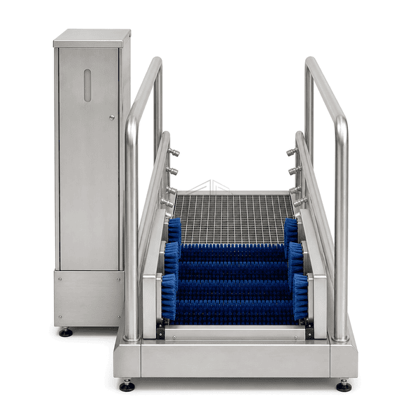 Front entry view of guided boot washing and solution lane
