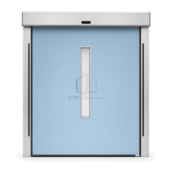 Front elevation of a closed motorised cleanroom sliding door