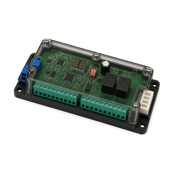 High diagonal complete view of the automatic sliding door controller under its closed transparent cover