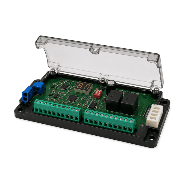 Open-cover service view of the automatic door controller dual field terminals power connector and motor interface