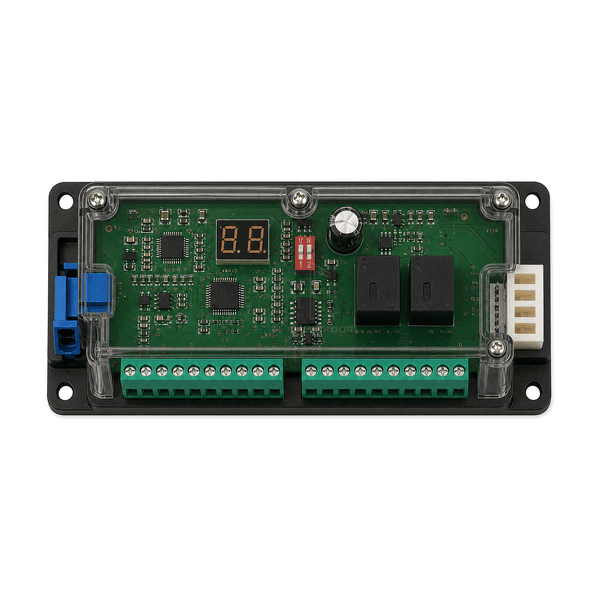 Straight front view of the automatic door control board two relays capacitor setup switch and four-hole base