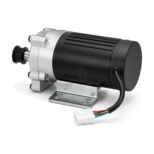 Rear-right service view of the automatic door motor cable exit colored leads connector and pulley in profile