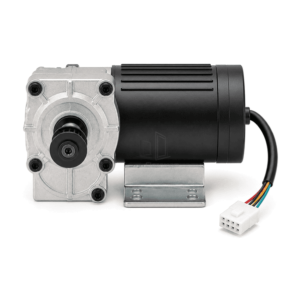 Straight front view of the automatic door gearmotor pulley five gearbox bolts four-hole bracket and keyed connector