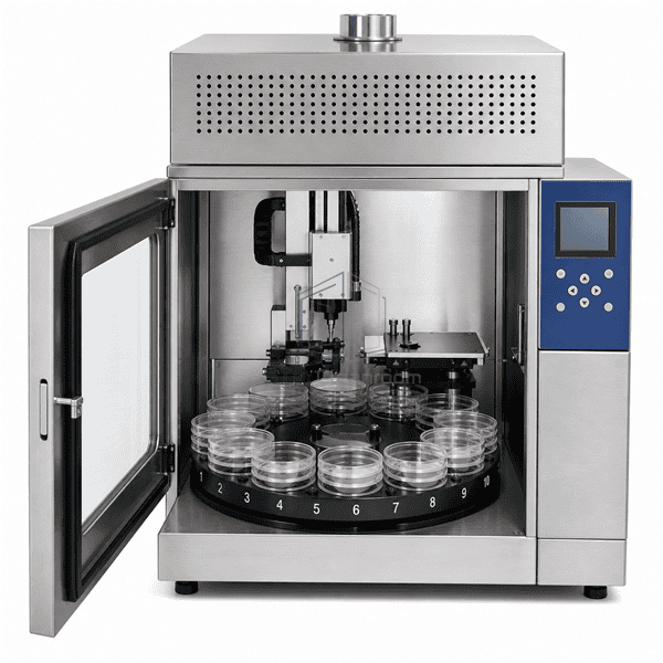 Automatic Petri dish changer with open service door and ten-position carousel