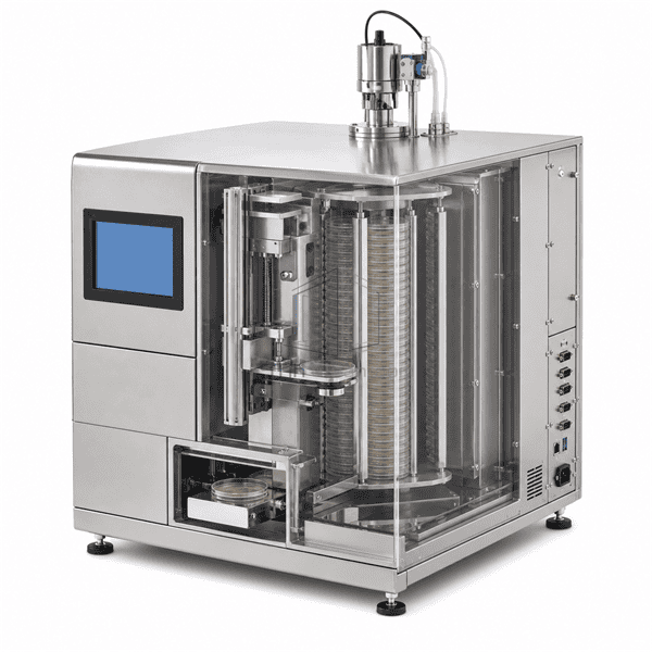 Three-quarter side view exposing plate carousel transfer lift and data ports