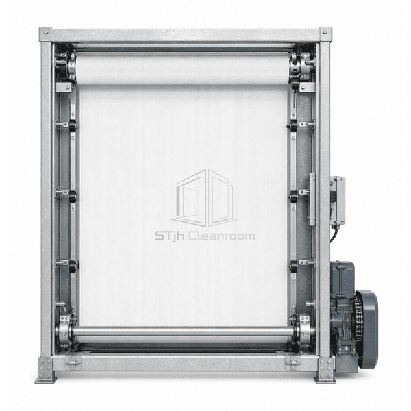 Straight rear service view of the automatic roll filter with take-up shaft chain drive media guides and geared motor