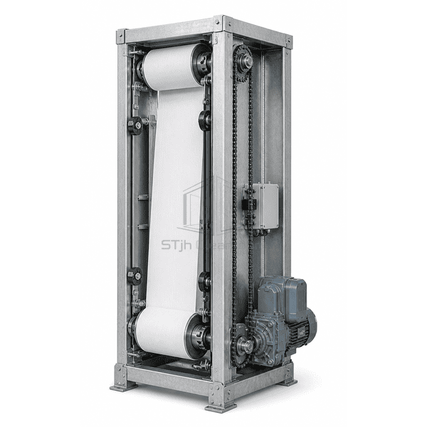 Side cutaway showing upper supply roll lower take-up roll and media path