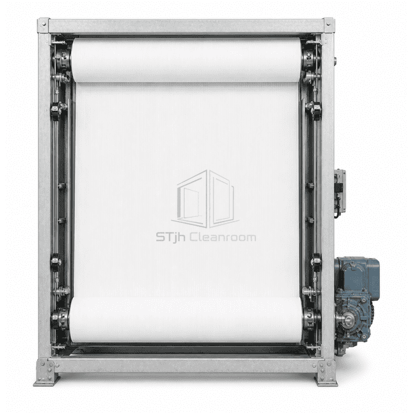 Front view of the supported filter-media curtain and side guide tracks