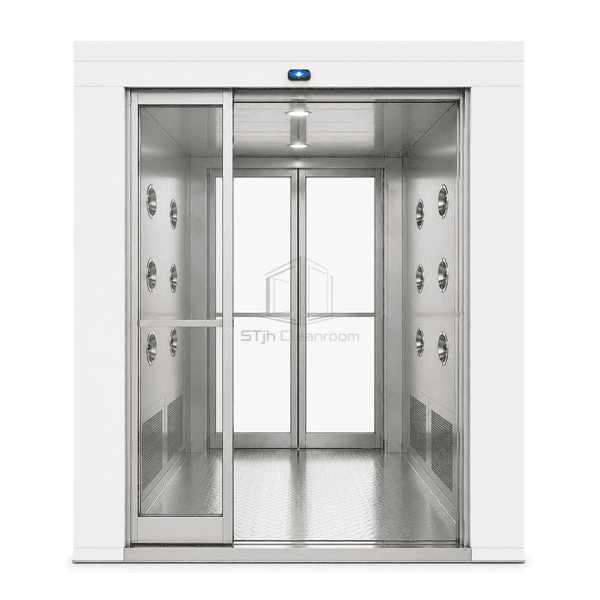 Front elevation of the automatic air shower with its sliding entrance partly open