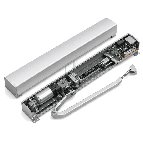 Opened swing operator showing motor gearbox and controller