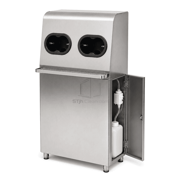 Side view of sanitizer dispenser reservoir and dosing pump