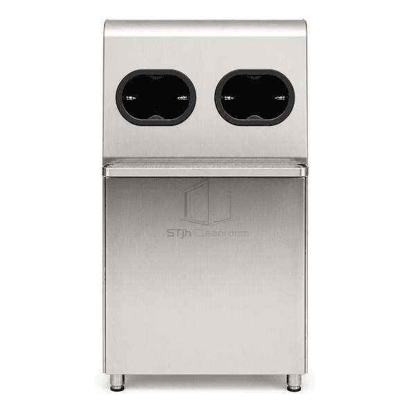 Front view of dual hand ports on sanitizer dispenser