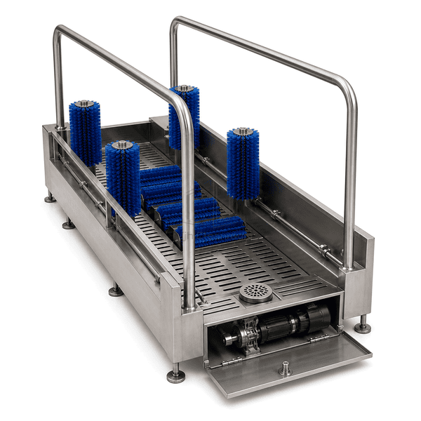 Side view of boot washer brush drives and drain basin