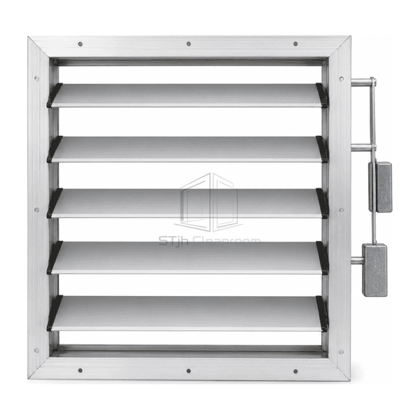 Front view of horizontal blades in a vertical backdraft damper