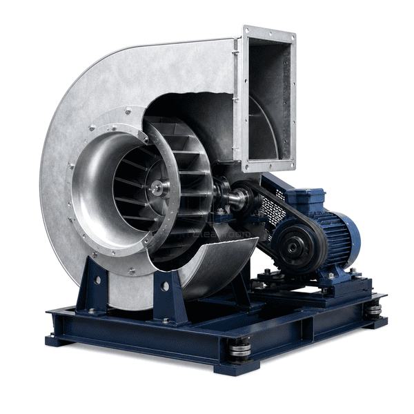 Drive-side view showing the motor shaft bearings and belt guard on the centrifugal fan