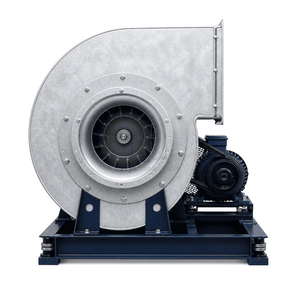 Front inlet view of the backward-curved centrifugal fan wheel and scroll casing