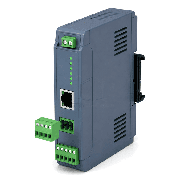 Rear three-quarter view of the entire BACnet gateway with BACnet/IP jack, MS/TP terminal and field-protocol connector clearly exposed