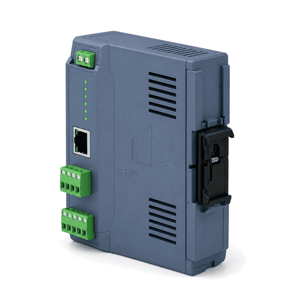 Side view showing DIN-rail mount, isolated MS TP terminals and DC power input