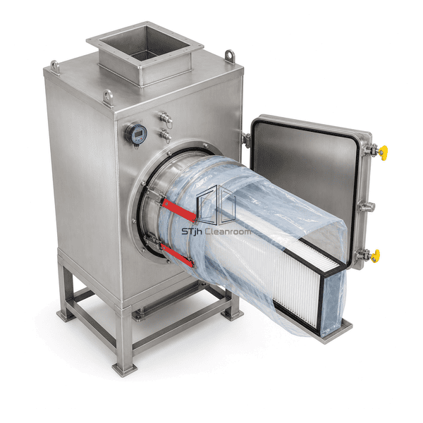 High-angle view of a filter being removed inside the containment bag