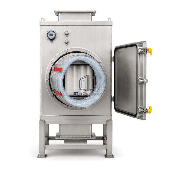 Front view of the safe-change housing and circular bagging collar