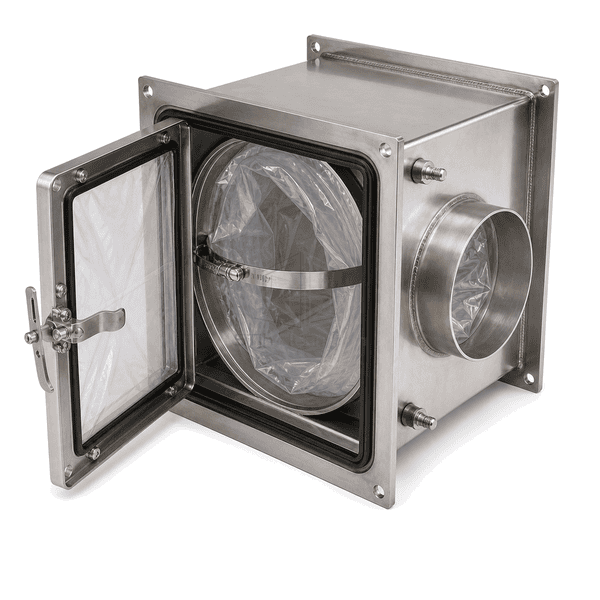Close view of BIBO bagging ring door gasket and clamp
