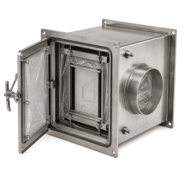 Open side view showing contained filter clamping mechanism