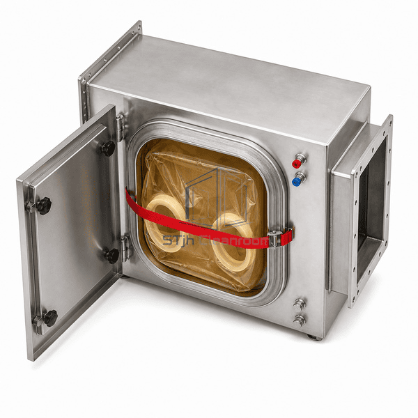 BIBO exhaust filtration system complete elevated rear-left view revealing the outlet flange, welded shell and capped test ports