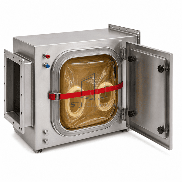 BIBO exhaust filtration system complete low opposite-side view emphasizing the ribbed bagging collar, red strap and glove-sleeve barrier