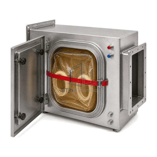 BIBO exhaust filtration system complete inlet-end view emphasizing cabinet depth, inlet flange and bagging-port projection