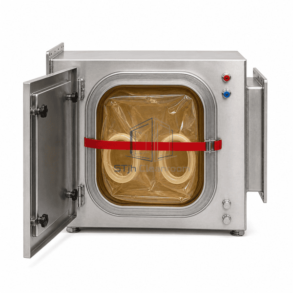 BIBO exhaust filtration system complete service-side elevation showing the ribbed port, folded PVC bag, security strap and open door