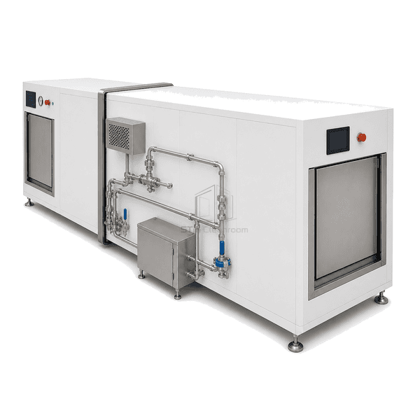 Complete far-end perspective of Biosafety Double-Door Autoclave with controls and vertical doors on opposite chamber ends