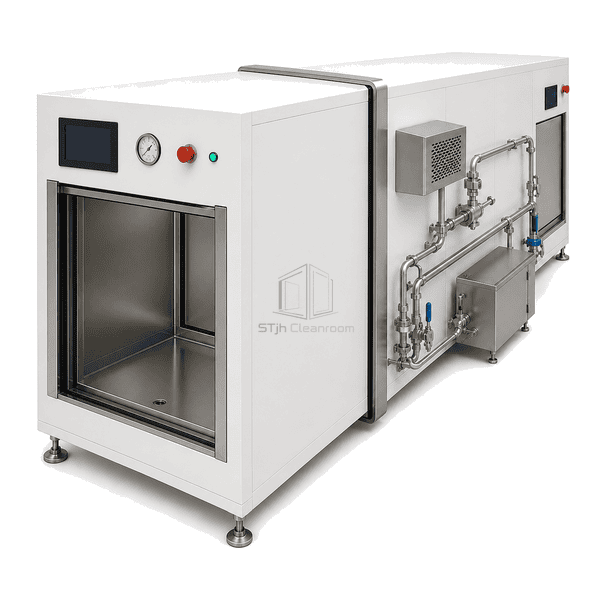 Biosafety Double-Door Autoclave with near-end vertical door open, opposite door closed and the empty 316L square chamber visible