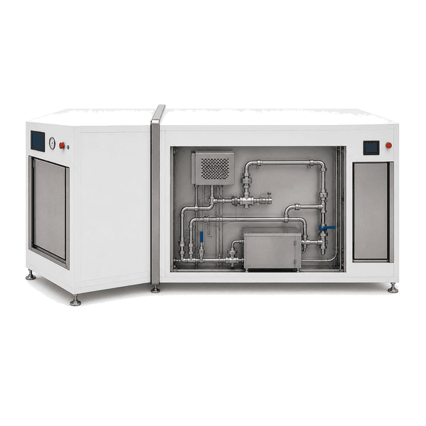 Service-side view of Biosafety Double-Door Autoclave showing opposite end doors, HEPA exhaust housing and closed condensate piping