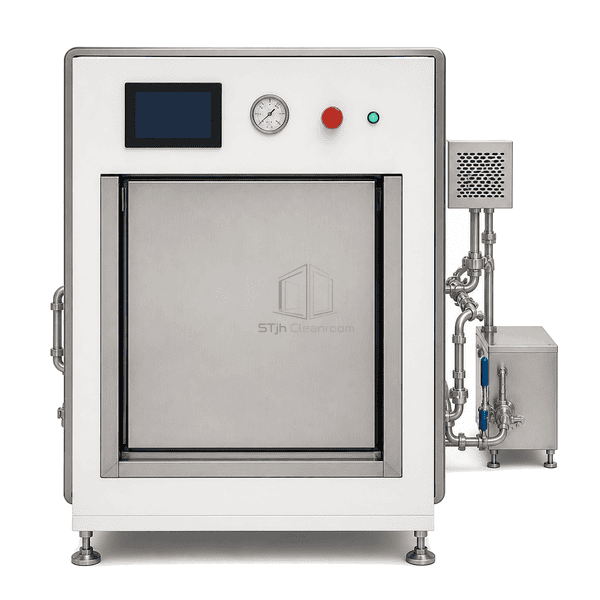 Straight containment-side view of Biosafety Double-Door Autoclave with vertical door, HMI, pressure gauge and HEPA effluent module