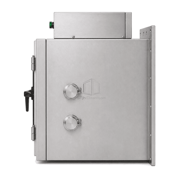 Complete right-side profile of biosafety pass box showing the solid chamber wall, opposing door thicknesses and VHP connections