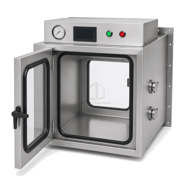 Complete biosafety pass box with front door open to show the EPDM seal, coved chamber and closed opposite door