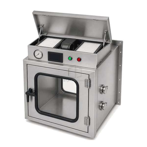 Biosafety pass box service view with the top plenum open to reveal two HEPA stages and one blower