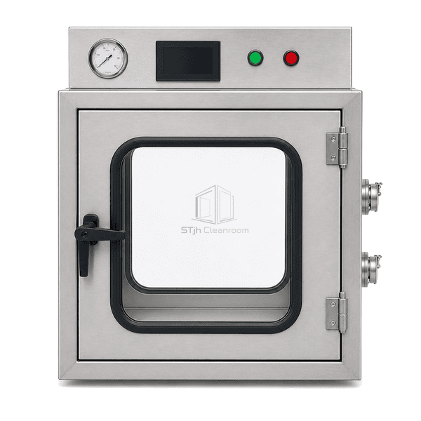 Straight front elevation of biosafety pass box showing the airtight observation door, gauge and interlock status controls