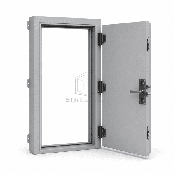 Blast-resistant cleanroom door opened horizontally to show reinforced frame depth